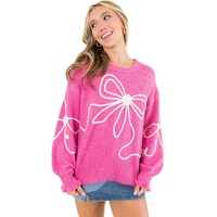 Bright Pink Corded Flower Bow Ribbed Trim Casual Sweater - L thumbnail