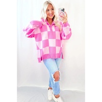 Pink Checkerboard Half Button Collared Drop Shoulder Sweater - S thumbnail
