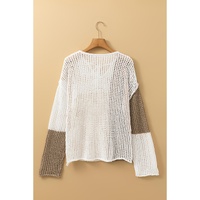 Brown Colorblock Hollow-out Front Tie V Neck Lightweight Sweater - L thumbnail