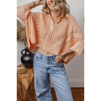 Apricot Pink Hollowed Knit 3/4 Dolman Sleeve Buttoned Collared Sweater - L thumbnail