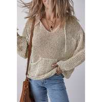 Jet Stream Hollow-out Kangaroo Pocket V Neck Hooded Sweater - L thumbnail