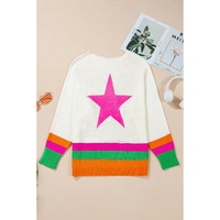 White Star Pattern Colorblock Striped Edge Drop Shoulder Sweater - L thumbnail