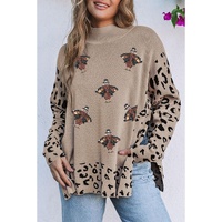 Khaki Sequin Turkey Leopard Mixed Pattern High Neck Sweater with Slits - M thumbnail
