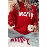 Racing Red Merry Graphic Sequin Sleeves Christmas Turtleneck Sweater - S thumbnail