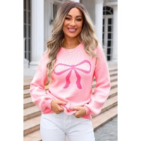 Pink Bow Graphic Drop Shoulder Round Neck Sweater - M thumbnail