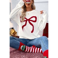 White Bow Pattern Contrast Trim Christmas Loose Graphic Sweater - S thumbnail