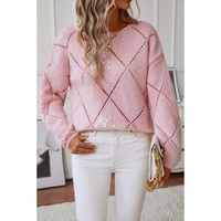 Light Pink Hollowed Rhombus Pattern Sequin Detail Round Neck Sweater - L thumbnail
