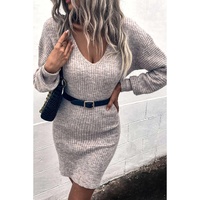 Gray V Neck Bodycon Sweater Dress - M thumbnail
