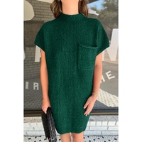 Blackish Green Patch Pocket Ribbed Knit Short Sleeve Sweater Dress - S thumbnail