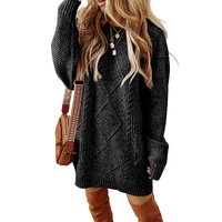 Black Cable Knit Drop Shoulder Loose Fit Sweater Dress - M thumbnail