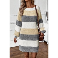 Gray Stripe Colorblock Bubble Sleeve Drop Shoulder Sweater Dress - S thumbnail