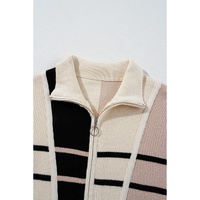 Khaki Stripe Color Block Quarter Zip Collar Short Sleeve Sweater Dress - S thumbnail