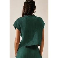 Blackish Green Chest Pocket V Neck Ribbed Cap Sleeve Sweater - L thumbnail