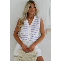 Sky Blue Stripe V Neck Gold Buttons Elegant Sweater Vest - XL thumbnail