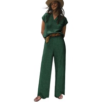 Green Knitted V Neck Sweater and Casual Pants Set - L thumbnail