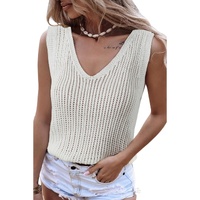 White Hollowed Knit V Neck Tank Top - XL thumbnail