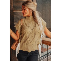 Light French Beige Hollowed Knit Scalloped Trim High Neck Sweater - XL thumbnail