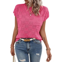Bright Pink Lattice Textured Knit Short Sleeve Sweater - L thumbnail