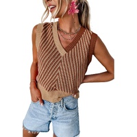 Light French Beige Contrast Chevron Knit V Neck Sweater Vest - S thumbnail