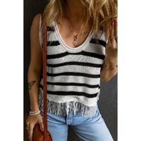 Beige Stripe Loose Knit Fringe Tank Top - L thumbnail