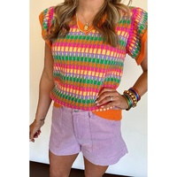 Orange Multicolor Flutter Sleeve Knitted Sweater Top - M thumbnail