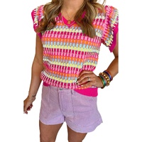 Rose Red Multicolor Flutter Sleeve Knitted Sweater Top - XL thumbnail