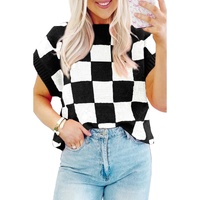 Color black Colorblock Plaid Pattern Ribbed Trim Sweater Tank Top - S thumbnail