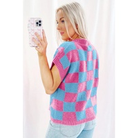 Sachet Pink Colorblock Plaid Pattern Ribbed Trim Sweater Tank Top - XL thumbnail