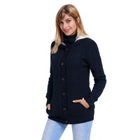 Navy Blue Long Sleeve Button-up Hooded Cardigans - 2XL thumbnail