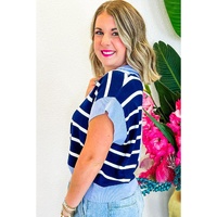 Sky Blue Stripe Colorblock Quarter Zip Collar Sweater Vest - M thumbnail
