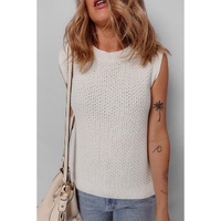 White Solid Color Eyelet Knit Crew Neck Sweater Vest - L thumbnail