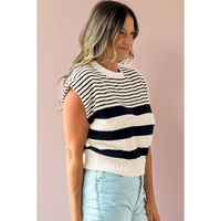 Black white Striped O Neck Sweater Vest - S thumbnail