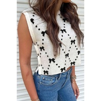 White Bow Pattern Buttoned Side Cropped Sweater Vest - L thumbnail