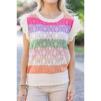 Rose Stripe Colorblock Hollowed Knit Scallop Edge Sweater Vest - L thumbnail