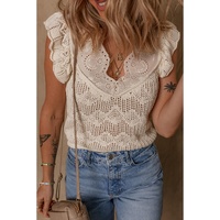 Beige Embroidered Patchwork Hollow Out Knitted Ruffle Sweater Vest - XL thumbnail