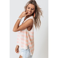 Beige USA Flag Notched Neckline Loose Sweater Vest - M thumbnail