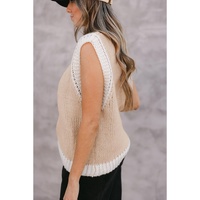 Oatmeal Woven Horseshoe Color Contrast Trim Sweater Vest - L thumbnail