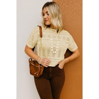 Beige Knitted Hollow out Short Sleeve Crop Sweater - L thumbnail