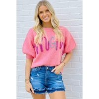 Bonbon Mom Tinsel Front Short Sleeve Sweater - S thumbnail