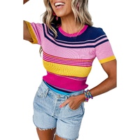 Pink Mixed Stripes Ribbed Knit Top - L thumbnail