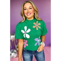 Bright Green Floral Bubble Short Sleeve Sweater - S thumbnail
