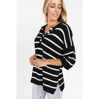 Black Stripe Henley Buttoned Placket Drop Shoulder Bracelet Sleeve Knit Sweater Tee - S thumbnail