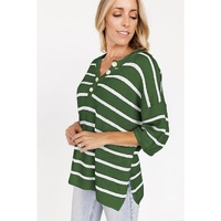 Green Stripe Henley Buttoned Placket Drop Shoulder Bracelet Sleeve Knit Sweater Tee - S thumbnail
