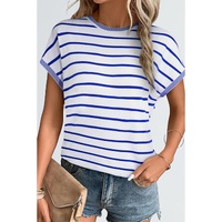 Sky Blue Stripe Knitted Bat Sleeve T Shirt - S thumbnail