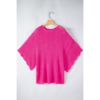Rose Red Pointelle Knit Scallop Edge Short Sleeve Top - M thumbnail
