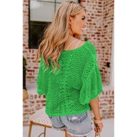 Green Pointelle Knit Scallop Edge Short Sleeve Top - M thumbnail