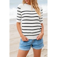White Stripe Striped Half Sleeve Knitted Tee - L thumbnail