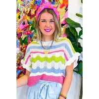 White Colorblock Crochet Knit Ruffled Short Sleeve Sweater Top - L thumbnail