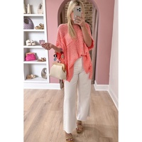 Fresh Salmon Rolled Cuffs Loose Knit Tee with Slits - L thumbnail
