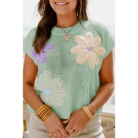 Moonlight Jade Multi Crochet Flower Knit Short Sleeve Sweater Top - XL thumbnail